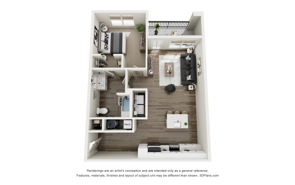 A1A - 1 bedroom floorplan layout with 1 bathroom and 862 square feet