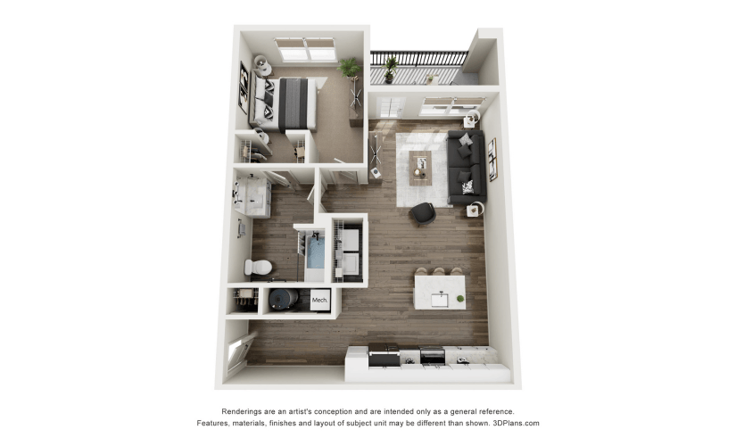 A1A - 1 bedroom floor plan layout with 1 bathroom and 862 square feet