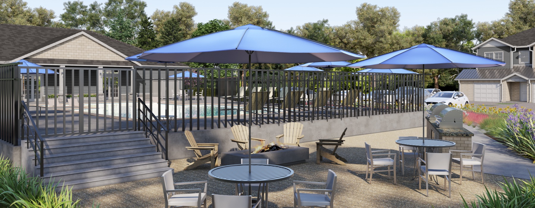 rendering of outdoor firepit lounge and grilling stations